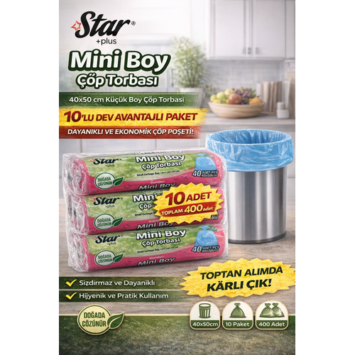 Star Plus Mini Boy ��p Torbas� 40'l� 10 Paket 40x50 cm Dayan�kl� S�zd�rmaz K���k Boy ��p Po�eti