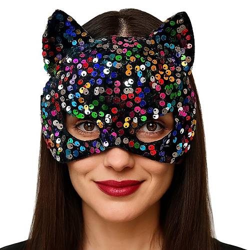 Siyah Kadife Kuma� �zerine Rengarenk Payetli Pullu Parti Maskesi 16x14 cm
