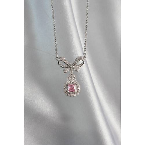 316L �elik G�m�� Renk Fiyonk Detay Pembe Zirkon Ta�l� Tekta� Kolye