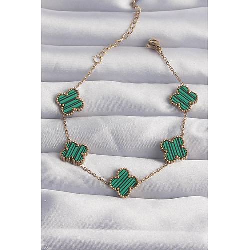 316L �elik Gold Renk �izgili Ye�il Mineli Yonca Bileklik