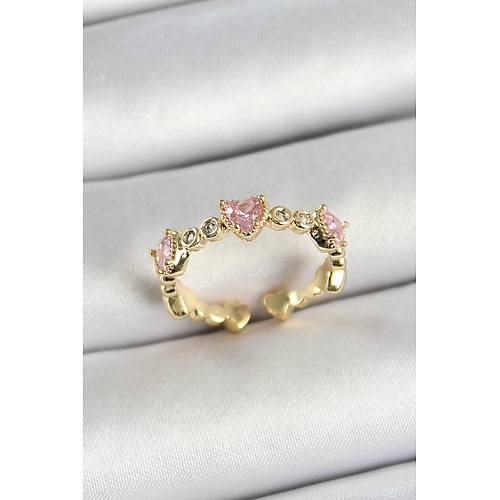 Pirin� S�ral� Kalp Fig�rl� Zirkon Ta�l� Gold Renk Ayarlanabilir Kad�n Y�z�k