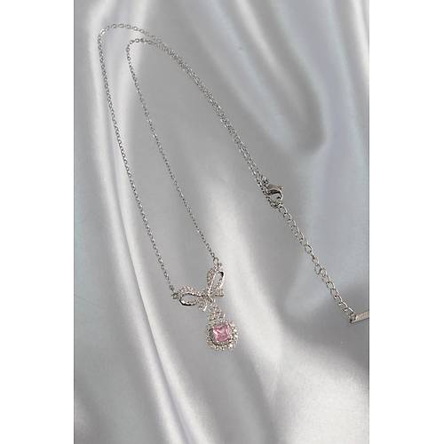 316L �elik G�m�� Renk Fiyonk Detay Pembe Zirkon Ta�l� Tekta� Kolye