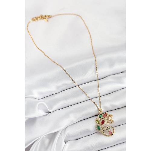 316L �elik Zirkon Ta�l� Tavus Ku�u Model Gold Renk Kad�n Kolye