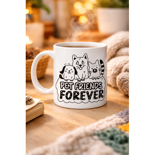 Pet Friends Forever Porselen Kupa MODEL 69 � Kedi & K�pek Fig�rl� Sevimli Tasar�m, Hayvan Severlere �zel Kahve ve �ay Kupas�