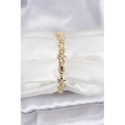 Pirin� Gold Renk VIP Seri S�ral� Ta�l� Y�ld�z Model Zirkon Ta�l� Kad�n Bileklik