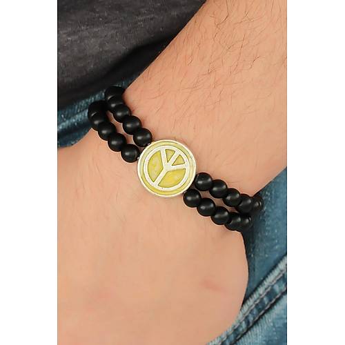 Sar� Metal Bar�� Simgesi Tasar�ml� Siyah Renk Mat Oniks Do�al Ta� Erkek Bileklik