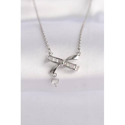 316L �elik Zincir G�m�� Renk Zirkon Ta�l� Kalp Detay Fiyonk Kolye