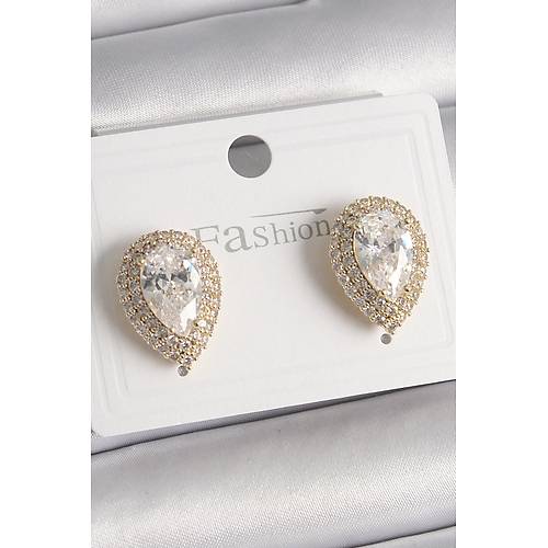 Pirin� Gold Renk Zirkon Ta�l� Damla Model Kad�n K�pe