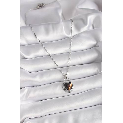 316L �elik G�m�� Renk Zincir Kilit Kalp Kehribar Boncuk Model Kad�n Kolye