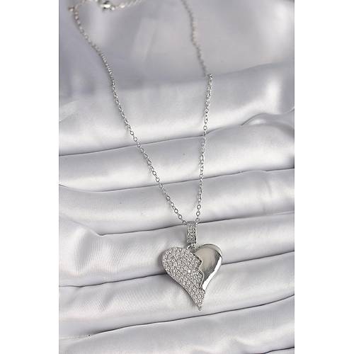 316L �elik G�m�� Renk Zincir Zirkon Ta�l� K�r�k Kalp Model Kad�n Kolye