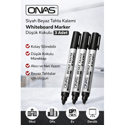 Onas Siyah Beyaz Tahta Kalemi Whiteboard Marker D���k Kokulu 3 Adet
