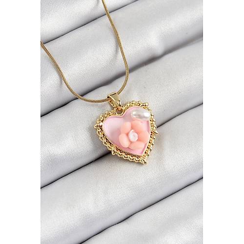 316L �elik Zincir Pembe Sanatsal Portre �nci Detayl� Papatya Fig�rl� Kalp Model Gold Renk Kad�n Kolye