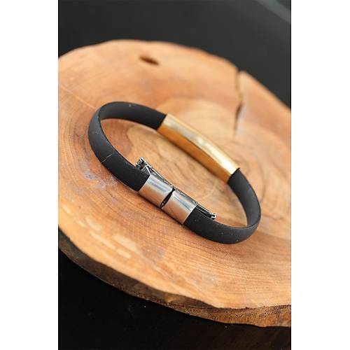 Gold Renk �elik Y�ld�zl� Tasar�m Siyah Renk Silikon Erkek Bileklik