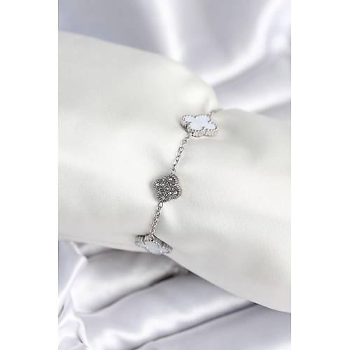 316L �elik Zincir G�m�� Renk Zirkon Ta�l� Yonca Beyaz Kad�n Bileklik