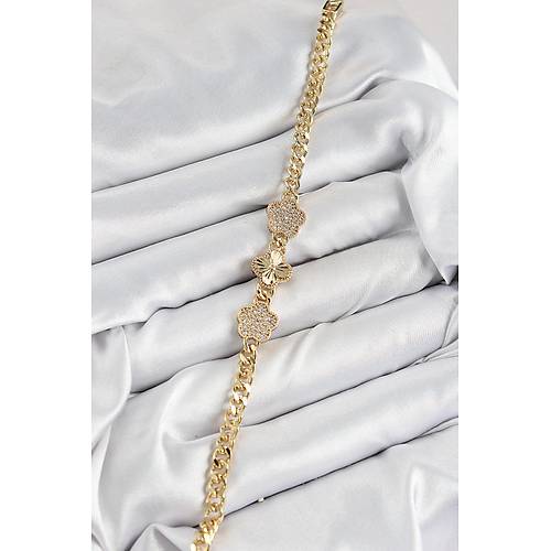 Pirin� Zirkon Ta�l� Yonca Model Gold Renk Kad�n Bileklik