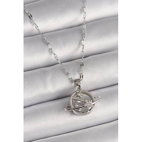 316L �elik G�m�� Renk Zincir Zirkon Ta�l� Y�ld�z Detay Gezegen Model Kad�n Kolye