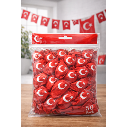 Ayy�ld�zl� K�rm�z� Balon Seti T�rk Bayrakl� Parti Balonu Dayan�kl� Latex Balon 50 Adet