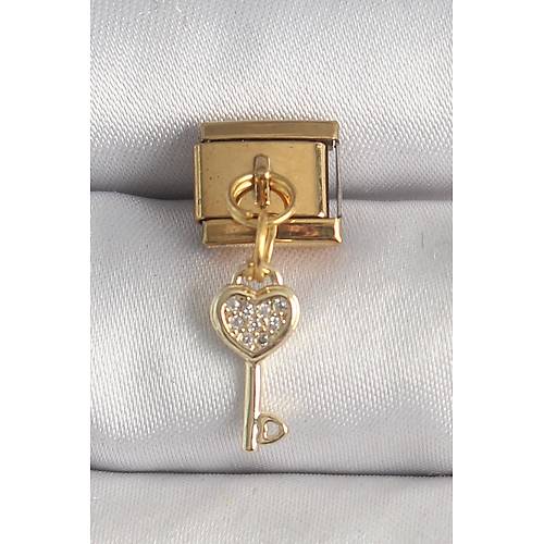 316L �elik Gold Renk Sallant� Zirkon Ta�l� Kalpli Anahtar Model Nomination Charm