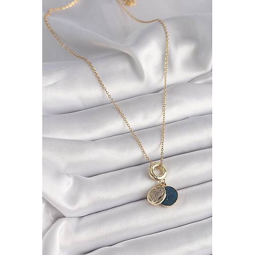 316L �elik Gold Renk Zincir Zirkon Ta�l� Kalp Model Mavi Simli Kad�n Kolye