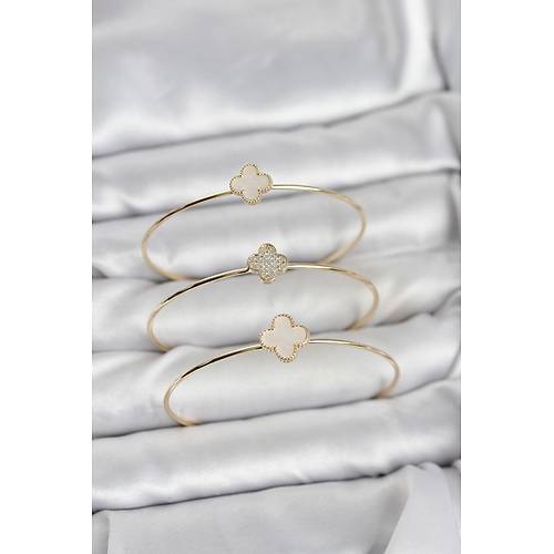 Gold Renk Yonca Model Zirkon Ta�l� 3'l� Kad�n Bileklik Kombini