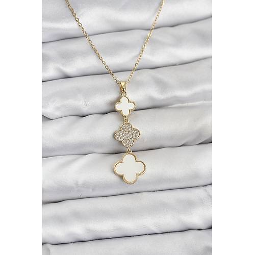 316L �elik Zincir Gold Renk Yonca Detayl� Zirkon Ta�l� Kad�n Kolye