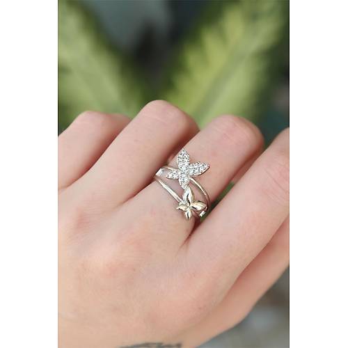 Pirin� G�m�� Renk Ayarlanabilir Zirkon Ta�l� Kelebek Y�z�k