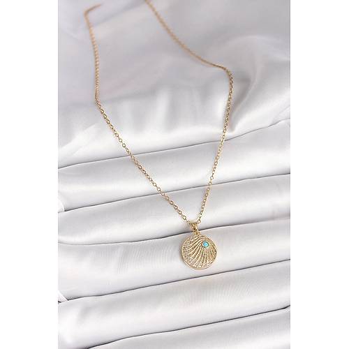 316L �elik Gold Renk Zincir Zirkon Ta� ��lemeli Mavi Ta� Detayl� Madalyon Model Kad�n Kolye