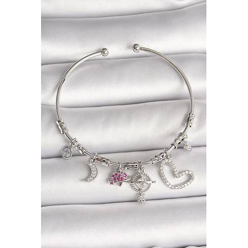 Pirin� G�m�� Renk Sallant� Zirkon Ta�l� Gezegen Fig�r Kalp Detay Charm Kad�n Bileklik