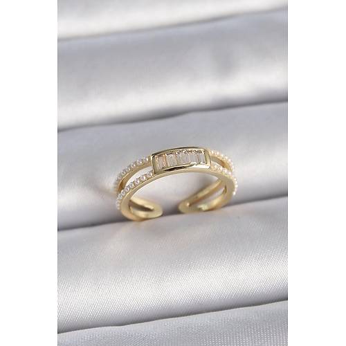 Pirin� Gold Renk Ayarlanabilir S�ral� �ncili Zirkon Ta� Detayl� Kad�n Y�z�k