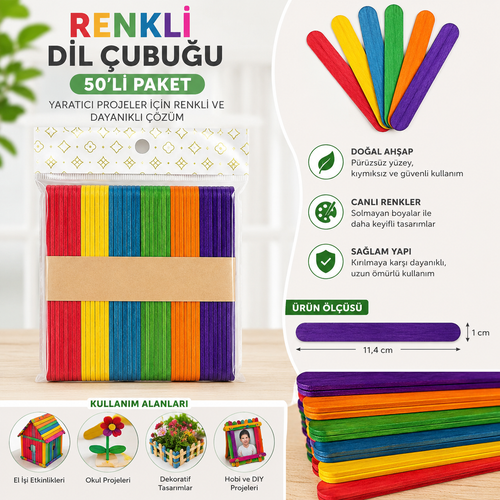 50�li Renkli Dil �ubu�u Ah�ap Hobi �ubu�u | El ��i Okul Proje ve DIY Etkinlik �ubuklar�