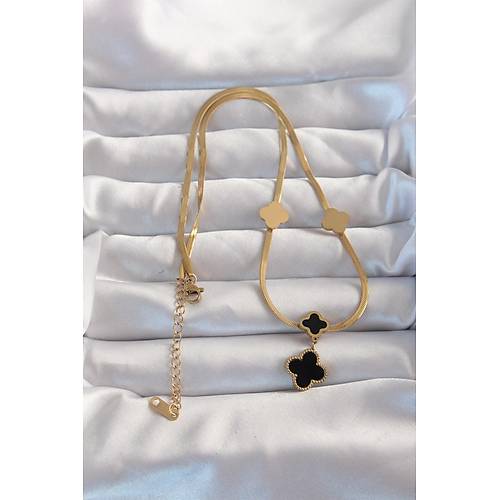 316L �elik Gold Renk �talyan Zincirli Mineli Yonca Kolye