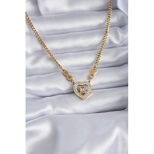 316L �elik Gold Renk Zirkon Ta�l� Kalp Model Sonsuzluk Detay Kad�n Kolye