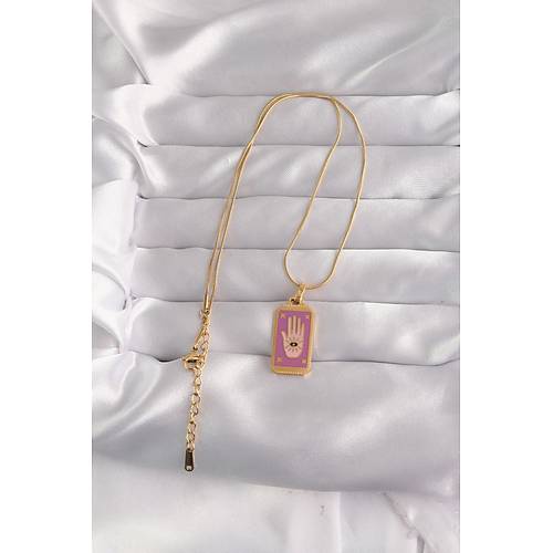 316L �elik Gold Renk Mor Mineli El Fig�r Tarot Kolye