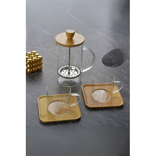Cam French Press ve 2�li �ay Fincan� Seti 600 ml
