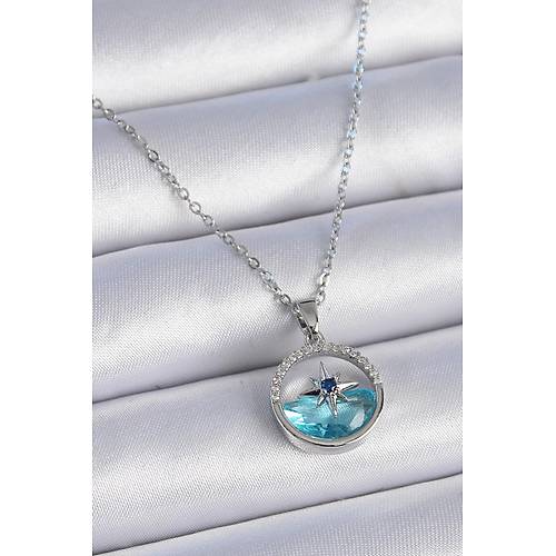 316L �elik Zincir G�m�� Renk Zirkon Ta�l� Deniz G�r�n�m Kutup Y�ld�z� Kolye