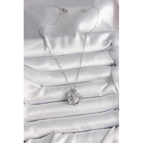 316L �elik G�m�� Renk Zincir Zirkon Ta�l� Kalp Fig�r G�l Detay Kad�n Kolye