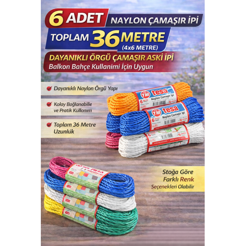 6 Adet Naylon �ama��r �pi 6 Metre Dayan�kl� �rg� �ama��r Ask� �pi Toplam 36 Metre