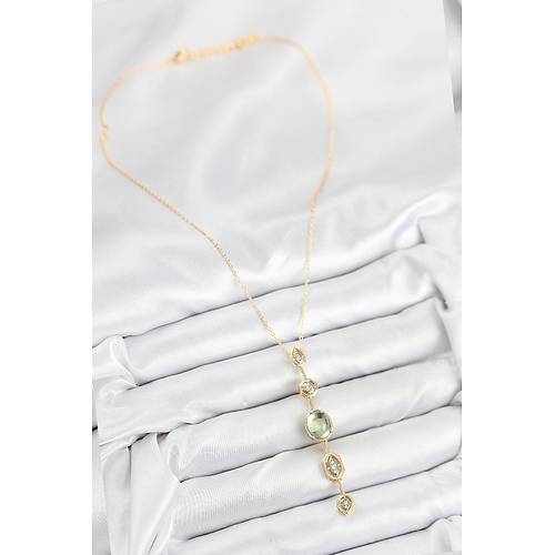 Pirin� Zincir Ye�il Gold Renk Zirkon Ta�l� Y Kolye