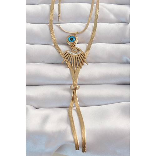 316L �elik Gold Renk Zirkon Ta�l� G�z Detay Nazarl� Uzun Asans�r Model Kolye
