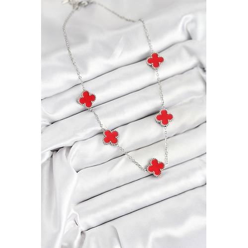 316L �elik Zincir G�m�� K�rm�z� Renk Yonca Kad�n Kolye