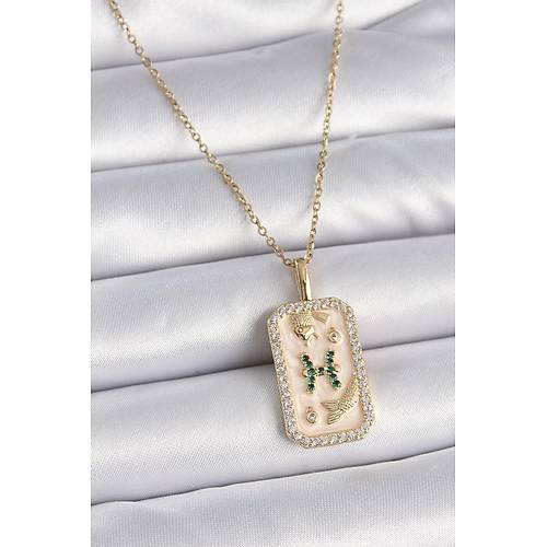 316L �elik Gold Renk Zincir Bal�k Burcu Zirkon Ta�l� Kad�n Kolye