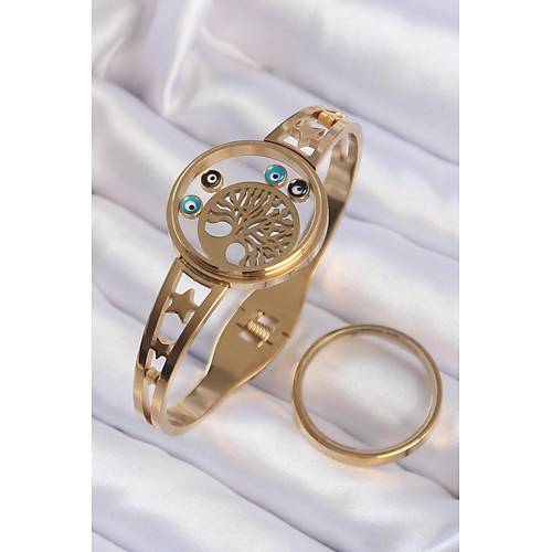 316L �elik Alt�n Renk ��i Ya�am A�ac� ve Nazar Boncuk Fig�rl� A��labilir Fanus Kelep�e