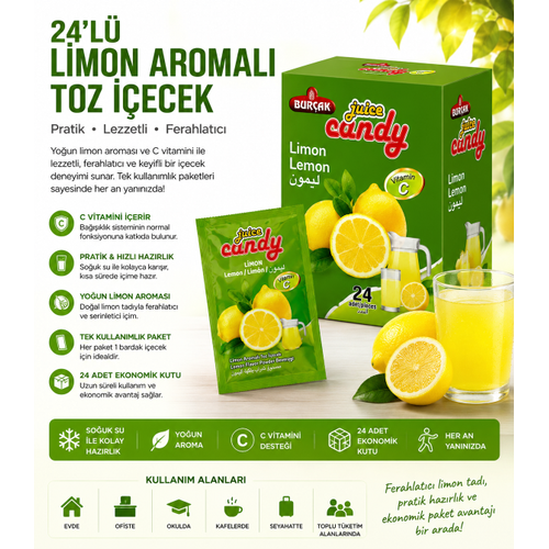 24�l� Limon Aromal� Toz ��ecek 24�l� Kutu C Vitaminli Pratik So�uk ��ecek Tozu