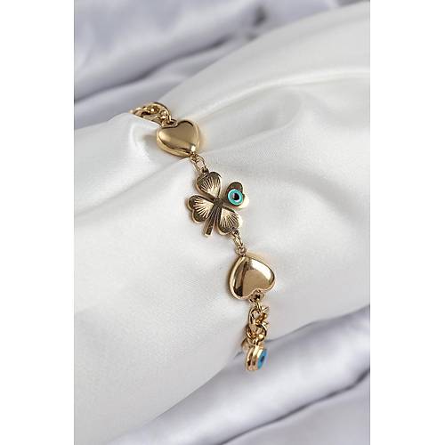 316L �elik Nazar Boncuk Detayl� Yonca Model Gold Renk Kad�n Bileklik