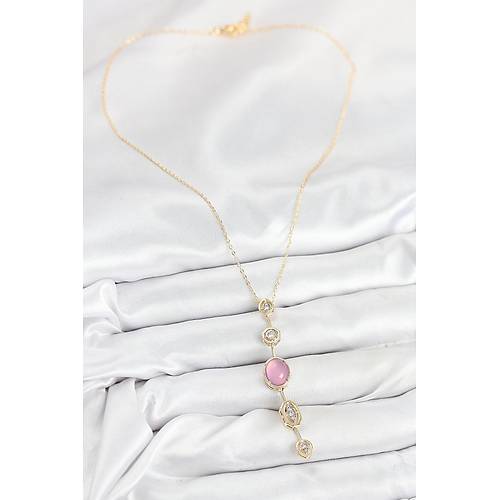 Pirin� Zincir Pembe Gold Renk Zirkon Ta�l� Y Kolye