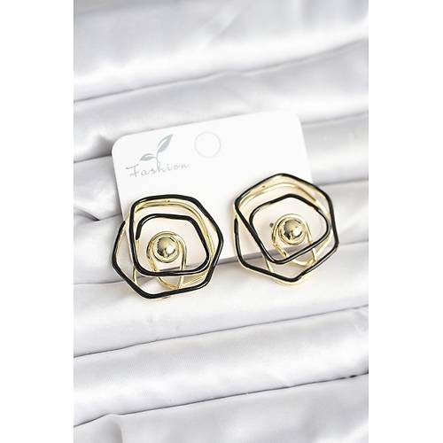 Pirin� Gold Renk Siyah Mineli Geometrik G�l Model Kad�n K�pe