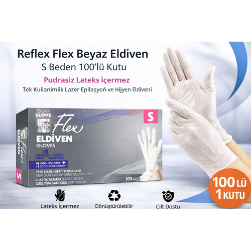 Reflex Flex Beyaz Eldiven S Beden 100�l� 1 Kutu Pudras�z Lateks ��ermez Tek Kullan�ml�k Lazer Epilasyon ve Hijyen Eldiveni