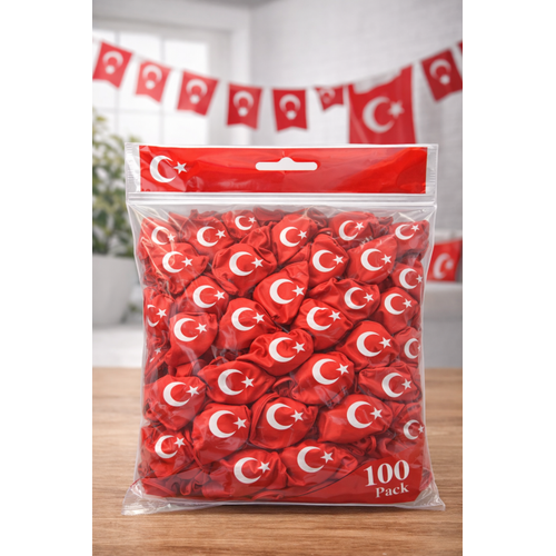 Ayy�ld�zl� K�rm�z� Balon Seti T�rk Bayrakl� Parti Balonu Dayan�kl� Latex Balon 100 Adet
