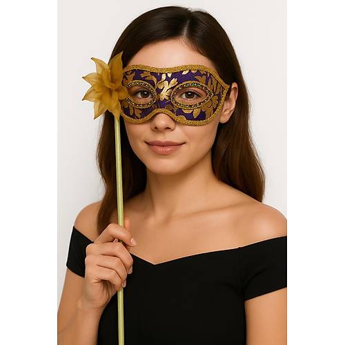 L�ks Ta�l� Sapl� Maskeli Balo Maskesi Mor Renk 35 cm
