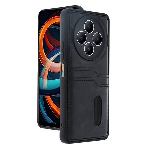 Redmi 14C K�l�f Sara Kartvizitli Deri K�l�f - Siyah